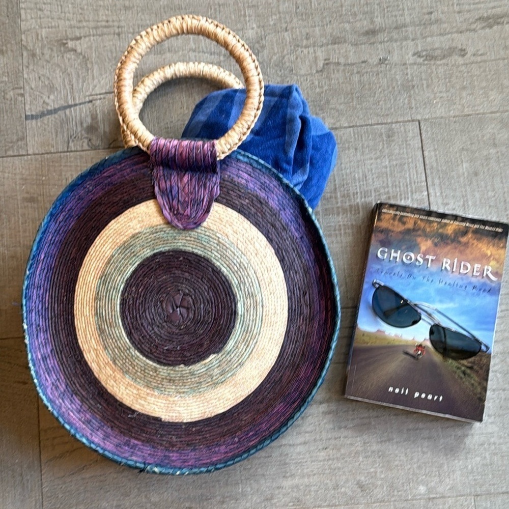 Vintage Round Natural Straw Blue & Purple Beachy Bag - Picture 13 of 14